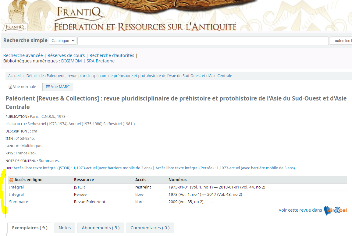 Du nouveau sur le catalogue FRANTIQ : le signalement des accès en ligne issu des données de Mir@bel